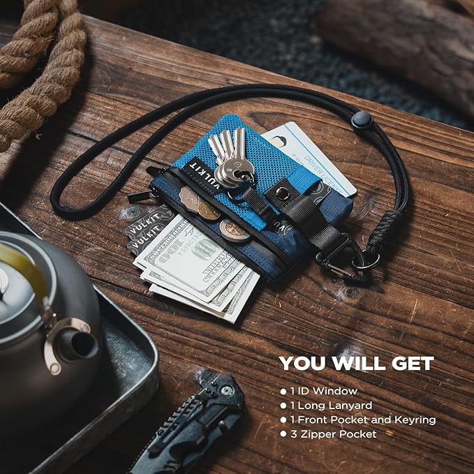 VULKIT Small Minimalist Wallet for Women and Men RFID Blocking, Zipper Coin Pouch with ID Window and Keychain, Water Resistant Travel Lanyard Wallet Blue