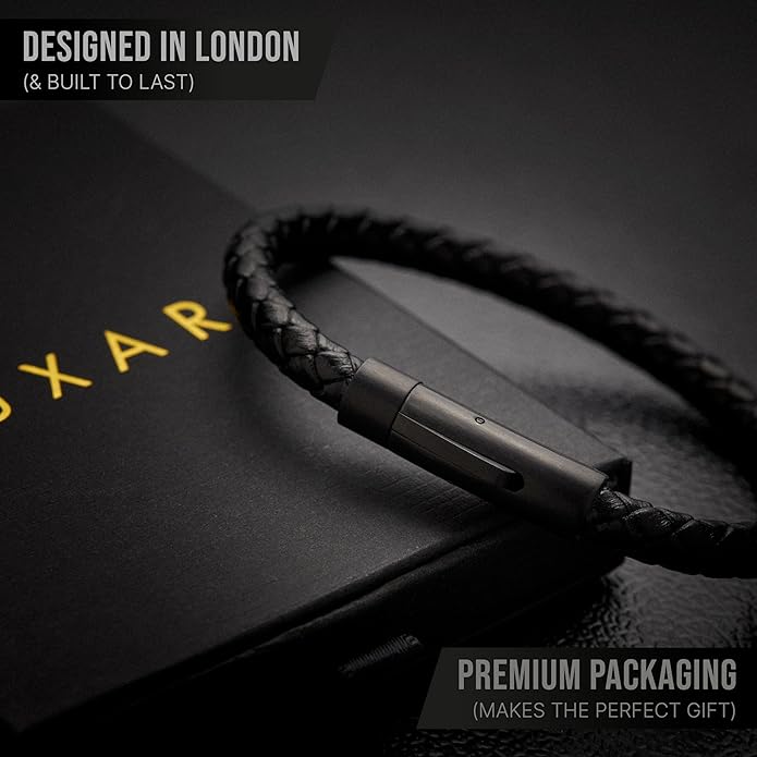 LUXAR Men’s Genuine Leather Bracelet | Interwoven Black Leather Bracelets with Brush Stainless Steel Clasp | Minimalist, Designer Jewelry for Men