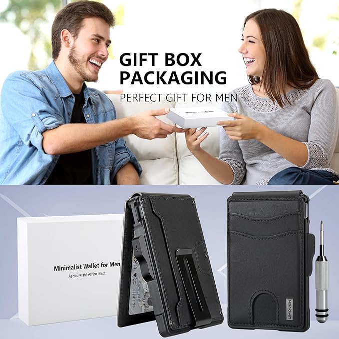 umoven Wallet for Men - with Money Clip Slim Leather Slots Credit Card Holder RFID Blocking Bifold Minimalist Wallet (Dark Black)