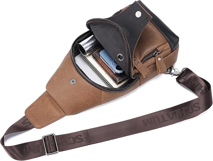 LUKZIJAES Genuine Leather Sling Bag for Men and Women Crossbody Shoulder Chest Pack Hiking Carry on Casual Daypack Outdoor Travel Backpack (#1-Brown)