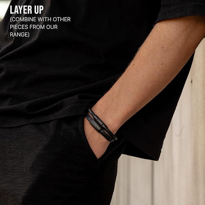 LUXAR Men’s Genuine Leather Bracelet | Interwoven Black Leather Bracelets with Brush Stainless Steel Clasp | Minimalist, Designer Jewelry for Men