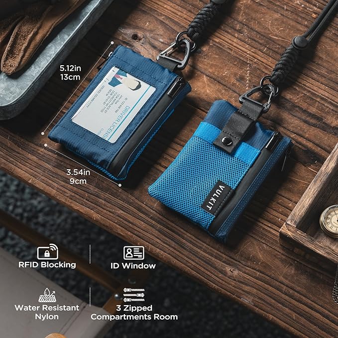 VULKIT Small Minimalist Wallet for Women and Men RFID Blocking, Zipper Coin Pouch with ID Window and Keychain, Water Resistant Travel Lanyard Wallet Blue