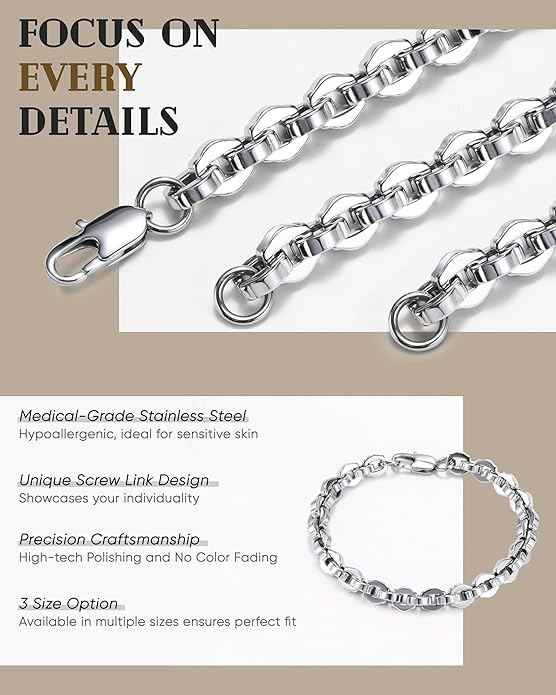 VNOX Link Chain Bracelets for Men - Cool Mens Bracelets Diamond-Cut Paperclip Solid Chain Bracelet Chunky Stainless Steel Jewelry Trendy Gifts