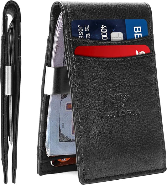 LUXEORIA Full Grain Genuine Leather Moneyclip Wallet for Men, Handcrafted Travel Wallet, Slim Mens Wallet, RFID Wallet for Men - Card Holder, 10 Card Slots - Black