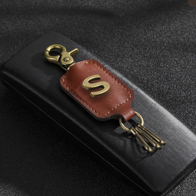 XGALBLA Initial Letter Brown Leather Alphabet Keychain with Easy Clasp, Key Car Bag Key Ring for Women & Men