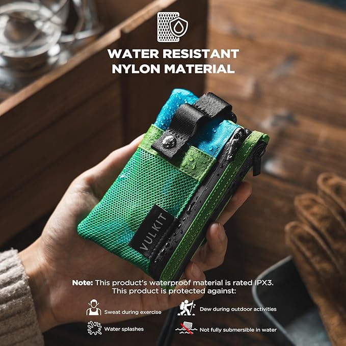 VULKIT Small Minimalist Wallet for Women and Men RFID Blocking, Zipper Coin Pouch with ID Window and Keychain, Water Resistant Travel Lanyard Wallet Green Blue