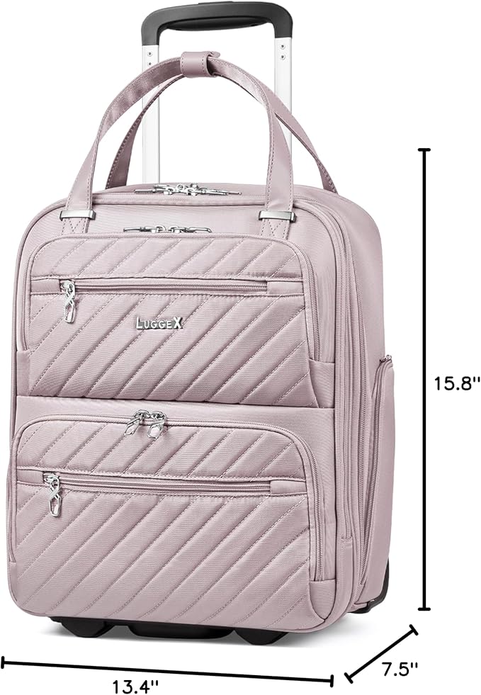 LUGGEX Underseat Carry On Luggage with Wheels, Stylish Lightweight Under Seat Luggage, Soft Sided Personal Item Suitcase for Short Trip (Grey Pink, 16 Inch)