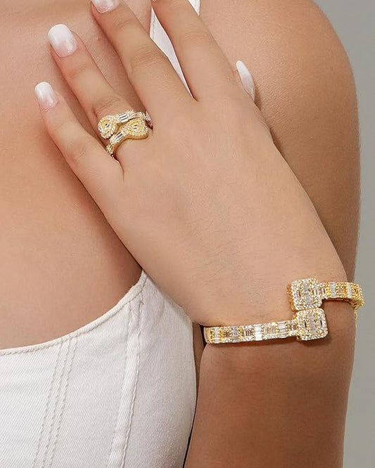 Lulu Mel Iced Out Baguette Diamond Bracelet Jewelry for Women, Hip Hop Mens 14k Gold Silver Plated Cubic Zirconia Bangle Bracelet, Men Heart Cuff Bracelet With Jewelry Box
