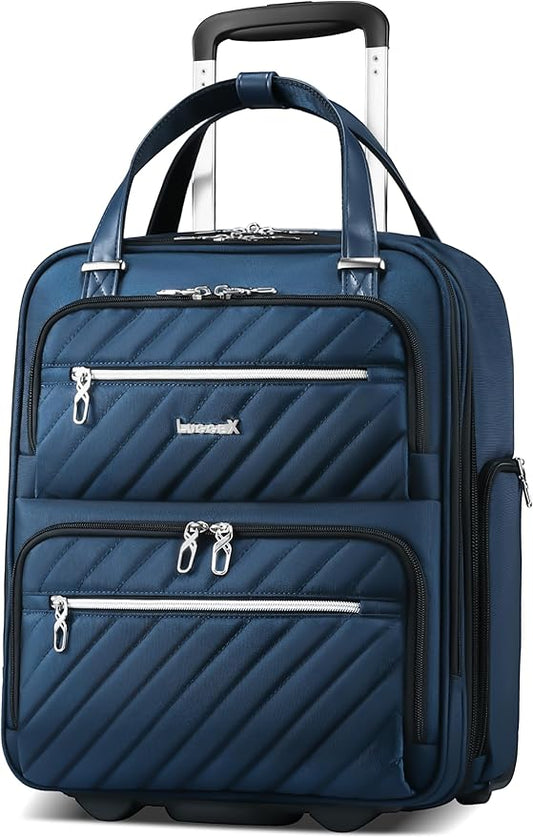 LUGGEX Underseat Carry On Luggage with Wheels, Stylish Lightweight Under Seat Luggage, Soft Sided Personal Item Suitcase for Short Trip (Navy Black, 16 Inch)