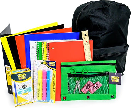 School Supply Boxes | 17" Solid Black Backpack Bundle for High School | Back to School Bookbag with Supplies | Contains Pencil Pouch, Notebooks, Filler Paper, Folders, Mechanical Pencils, and More