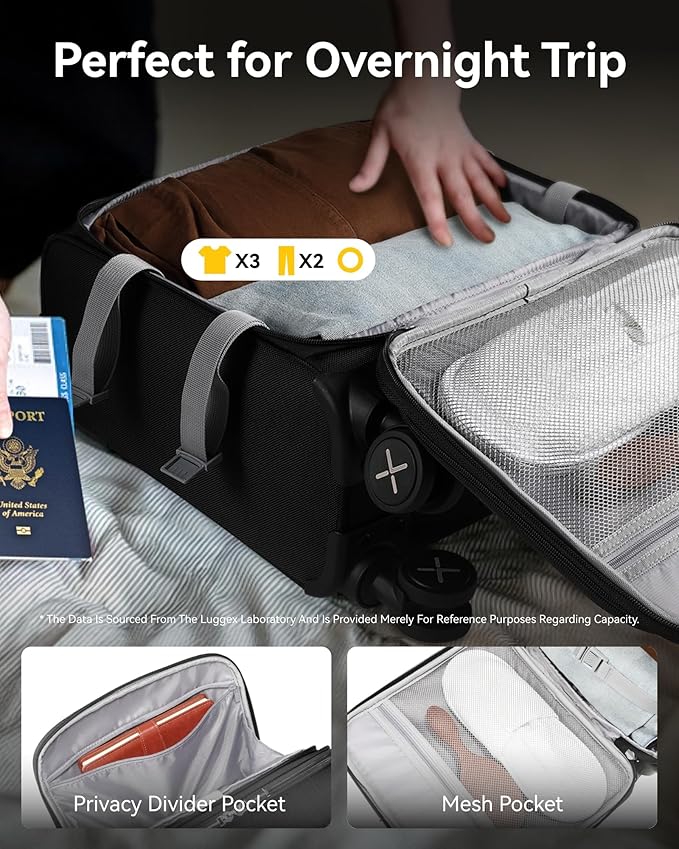 LUGGEX Underseat Carry On Luggage with Wheels - Soft Sided Small Suitcase - Underseat Luggage with Front Open Design (15 Inch, Black)