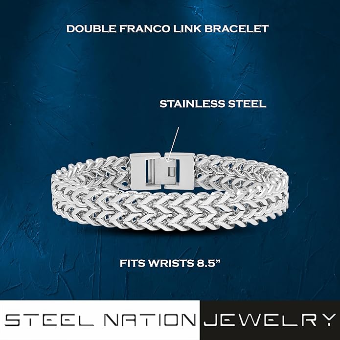 Men's Stainless Steel Double Franco Link Bracelet with Secure Fold Over Clasp - Durable & Stylish