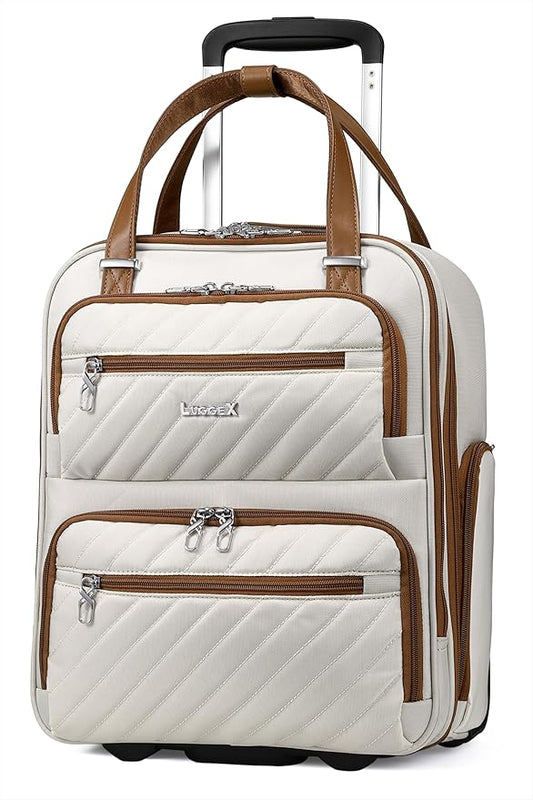 LUGGEX Underseat Carry On Luggage with Wheels, Stylish Lightweight Under Seat Luggage, Soft Sided Personal Item Suitcase for Short Trip (Cream White, 16 Inch)