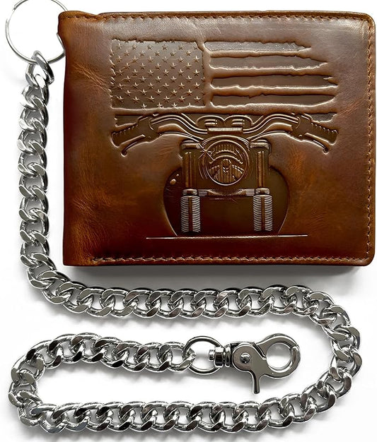 MID WEST RANGE Patriotic Biker Bifold Wallet with Chain for Men – Distressed Brown Leather, RFID-Blocking with 10 Card Slots, Flip-Out ID Holder, Embossed American Flag and Motorcycle Design