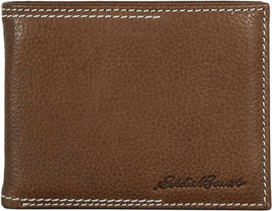 Eddie Bauer Men's Rugged Leather Bifold Wallet | Money Clip | RFID Protection | ID Window | Genuine Leather | EDC