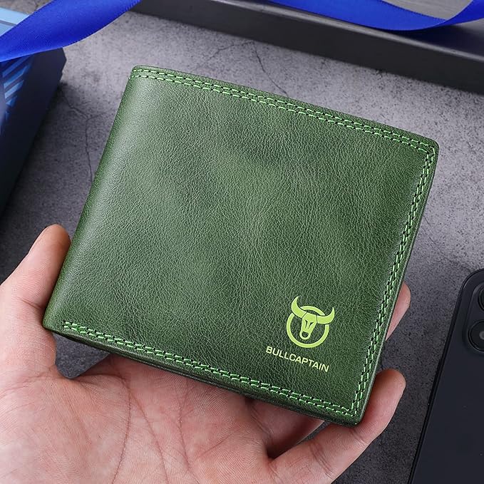 LUKZIJAES Genuine Leather Wallet for Men RFID Blocking Slim Bifold Front Pocket Wallets with 2 ID Window (#3-Green)