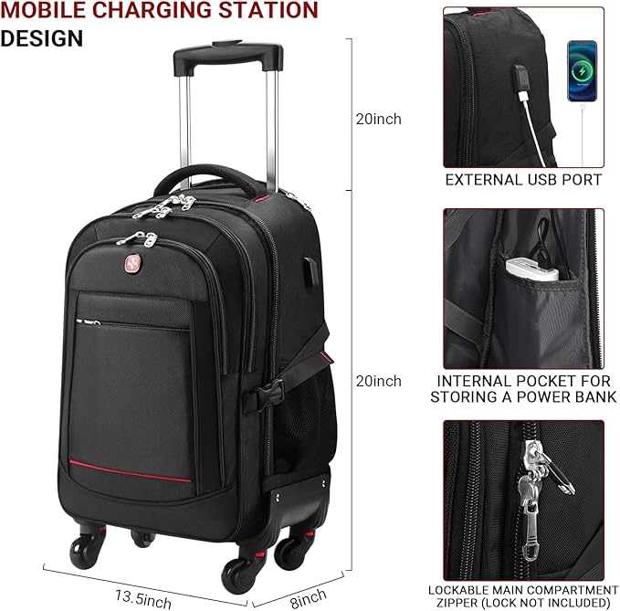 Rolling Backpack with Wheels - Water-Resistant, Airline Approved Underseat Travel Luggage, Ideal 18*14*8 Personal Item Suitcase, Wheeled Backpack, Roller Backpack, and Rolling Laptop Bag