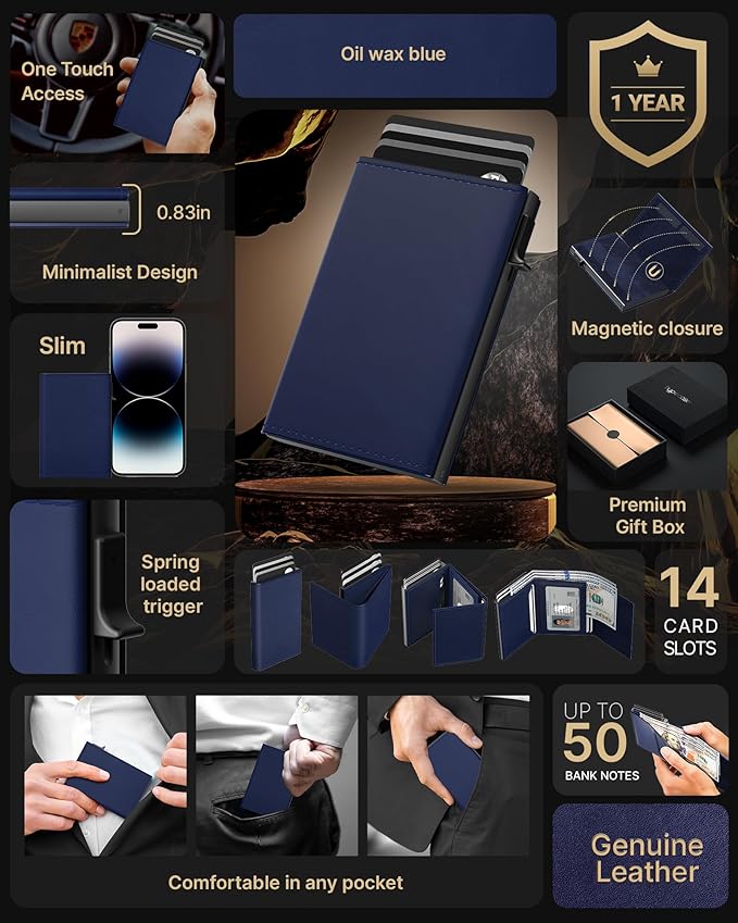 typecase Mens Wallet Card Holder: Pop Up Aluminum Case, Premium Genuine Leather, Smart, RFID Blocking, Slim, Minimalist, Front Pocket - 9-14 Card Capacity | ID Window | Cash Slot (Navy)
