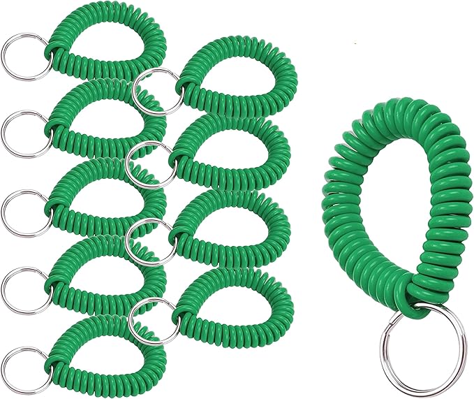 Lucky Line 2” Diameter Spiral Wrist Coil with Steel Key Ring, Flexible Wrist Band Key Chain Bracelet, Stretches to 12”, Green 10 PK (41040)