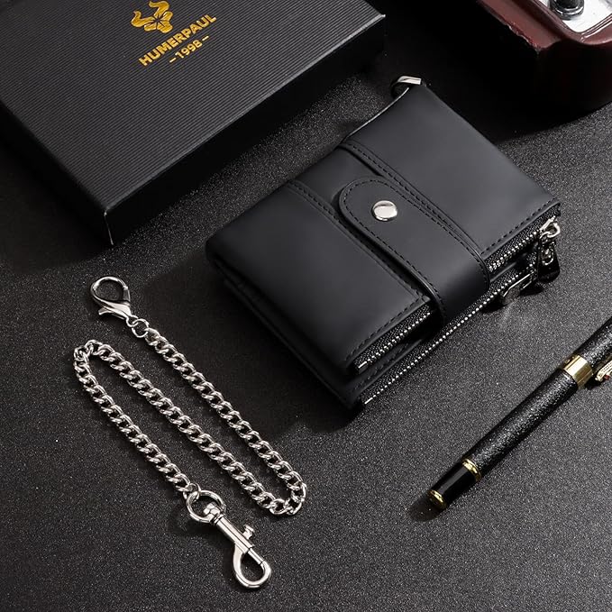 LAREET Mens Wallet with Chain, Genuine Leather Wallet RFID Blocking Bifold Purse Zipper Coin Pocket with Anti-Theft Chain