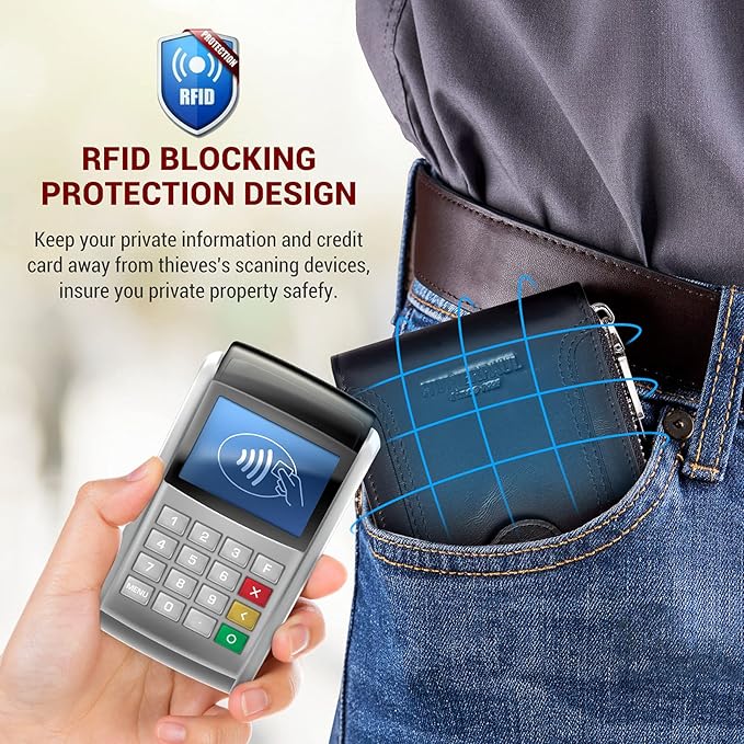 gzcz Mens Wallet with Zipper RFID Blocking Genuine Leather Bifold Purse with ID Window and Credit Card Holder (Black)