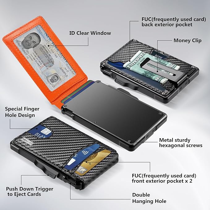 umoven Wallet for Men - with Money Clip Slim Leather Slots Credit Card Holder RFID Blocking Bifold Minimalist Wallet (Carbon Black and Orange)