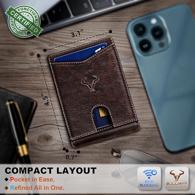 BULLIANT Men Wallet, Slim Leather Wallet Front Pocket Card Holder Gift For Men 11 Slots RFID Blocking