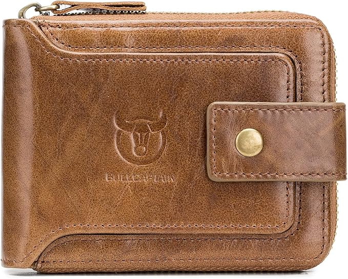 LUKZIJAES Genuine Leather Wallet for Men RFID Blocking Large Capacity Card Case with Zipper ID Window Coin Pocket (#2-Yellow Brown)