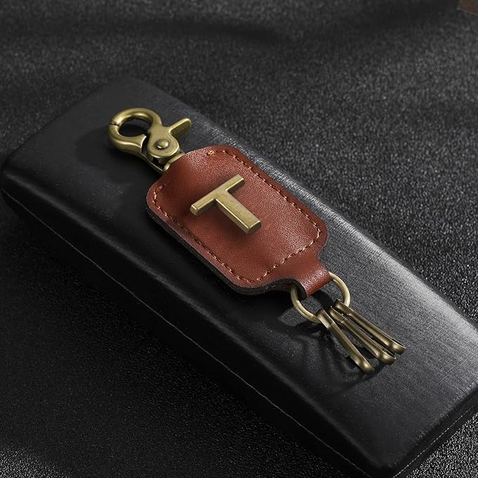 XGALBLA Initial Letter Brown Leather Alphabet Keychain with Easy Clasp, Key Car Bag Key Ring for Women & Men