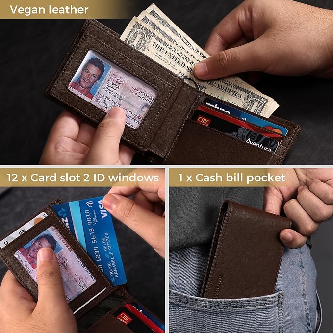 RUNBOX Wallet for Men Bifold RFID Blocking Wallets with 2 ID Window 14 Card Holders 1 cash pocket 1 Gift Box