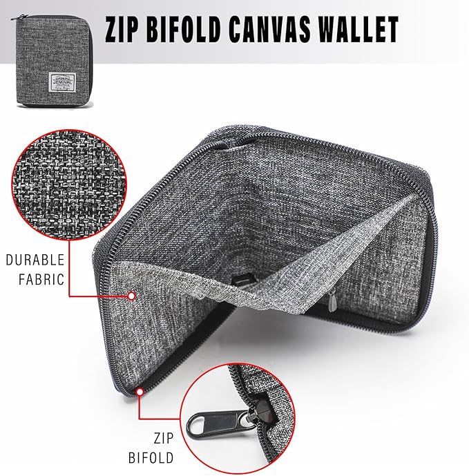 JEMINAL Zip Short Wallet for Men Women Travel Bifold Vertical Fabric Canvas Wallet with Card Case Women' Large Capacity Zip Wallet with Coin Purse Gifts for Men Him (Vertical-Grey)
