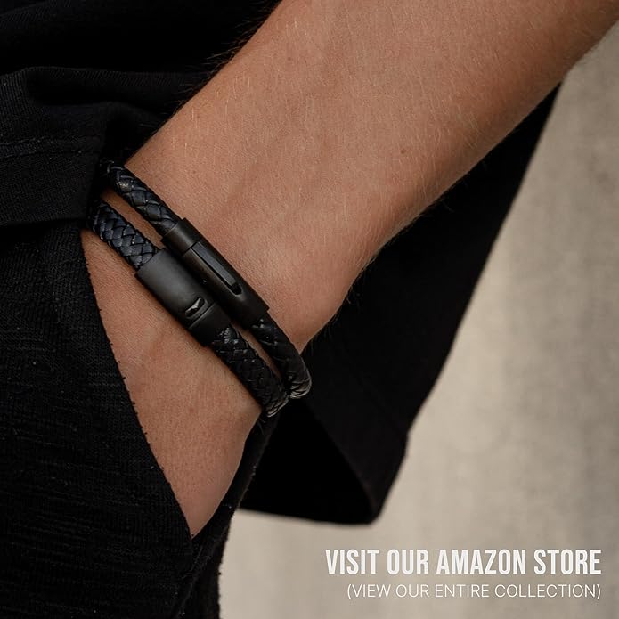LUXAR Men’s Genuine Leather Bracelet | Interwoven Black Leather Bracelets with Brush Stainless Steel Clasp | Minimalist, Designer Jewelry for Men