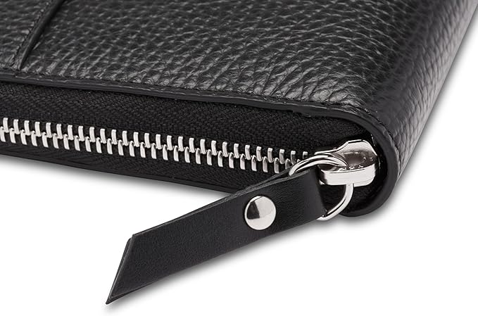 Bosca Womens Wallet - Slim Italian Leather Zip 8" Wallet For Women, Handmade in Italy - 12 Card Pockets, 2 Bill/Phone Pockets, Zipper Coin Pocket, Black