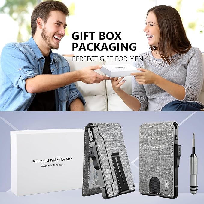 umoven Wallet for Men - with Money Clip Slim Leather Slots Credit Card Holder RFID Blocking Bifold Minimalist Wallet (Gray Fabric)