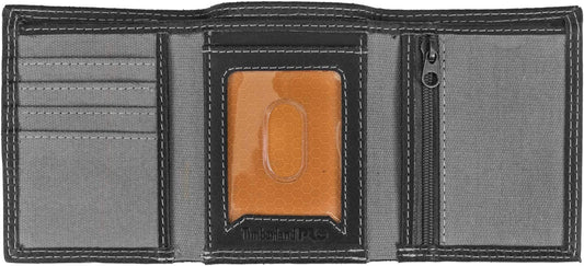 Timberland PRO Men's Canvas Leather RFID Trifold Wallet with Zippered Pockets