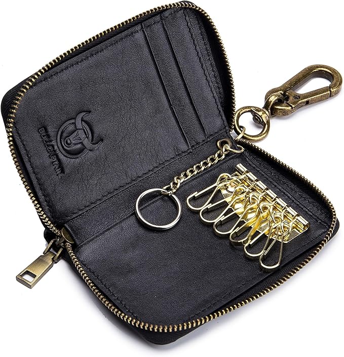 Men's Zipper Key Organizer Rfid Wallet with 6 Hooks Leather Key Holder Case (Black)