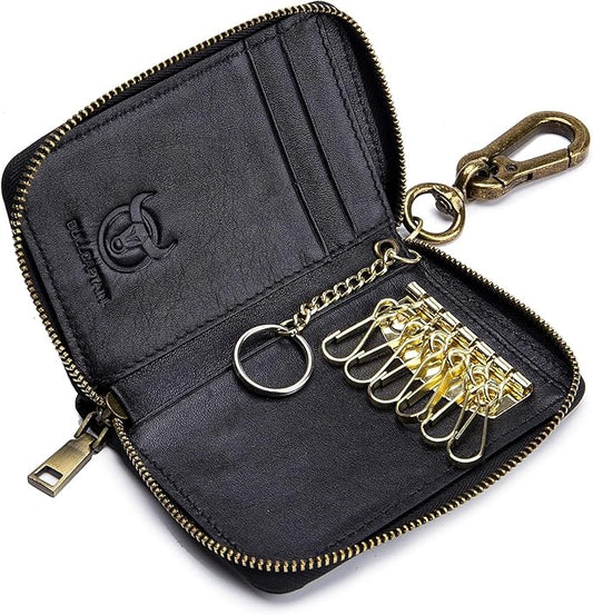 Men's Zipper Key Organizer Rfid Wallet with 6 Hooks Leather Key Holder Case (Black)