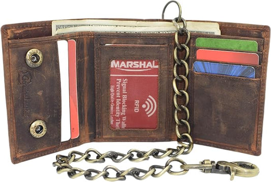 Men's RFID Blocking Trifold Vintage Leather Biker Chain Wallet With Snap Closure