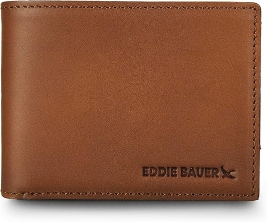 Eddie Bauer Men's Rugged Leather Bifold Wallet | Money Clip | RFID Protection | ID Window | Genuine Leather | EDC
