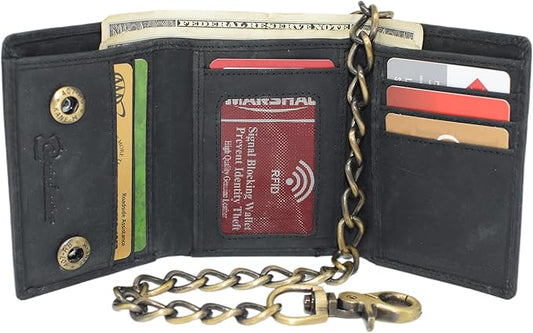 Men's RFID Blocking Trifold Vintage Leather Biker Chain Wallet With Snap Closure