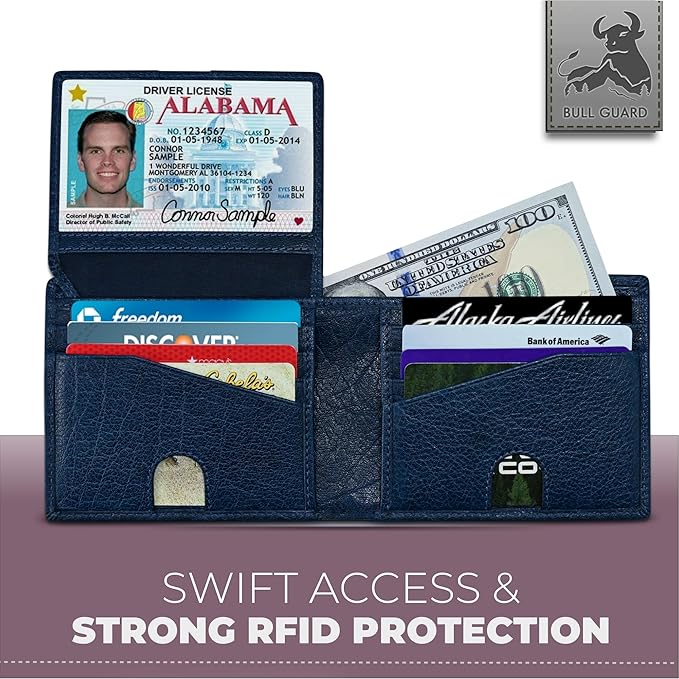 BULL GUARD Mens RFID Blocking Bifold Wallet Soft Genuine Leather Brown Western | Secure and Durable Extra Capacity Billfold in Buffalo Blue Leather