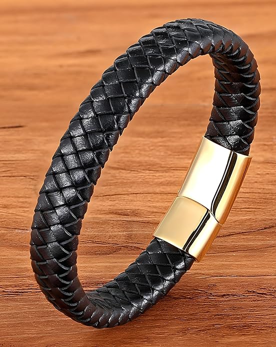 Leather Bracelet for Men, Braided Mens Cuff Bracelets with Stainless Steel Clasp Stacked Multi Style Color Anniversary Father's Day Birthday Christmas Jewelry Gifts for Him