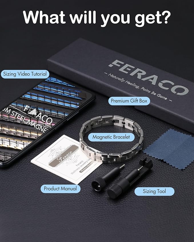 Feraco Magnetic Bracelets for Men Sleek Titanium Stainless Steel Magnetic Therapy Bracelet with Sizing Tool, Jewelry Gifts for Men (Silver)