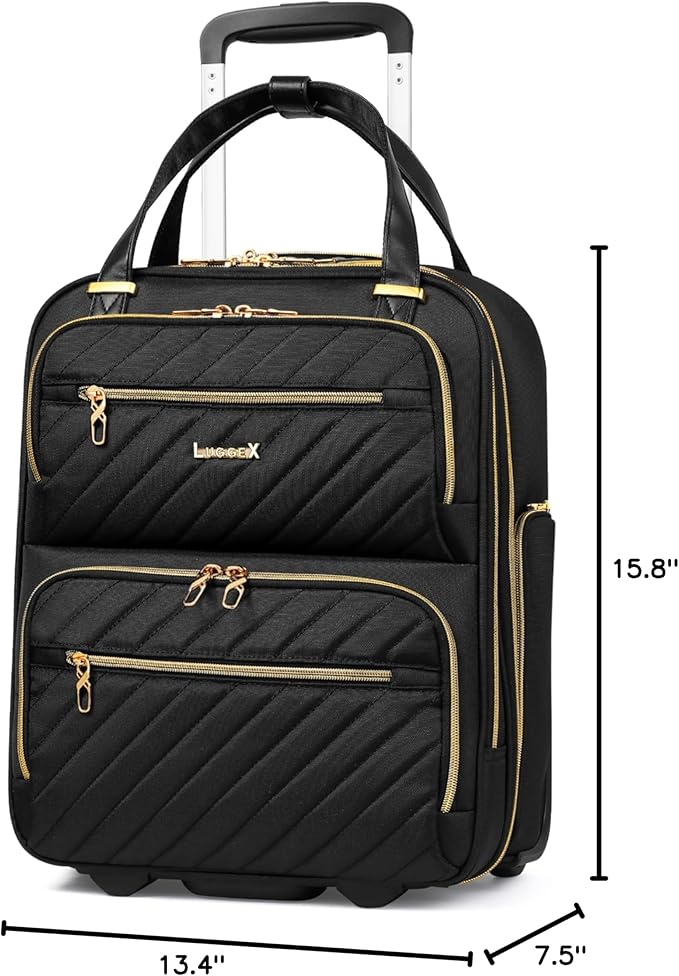 LUGGEX Underseat Carry On Luggage with Wheels, Stylish Lightweight Under Seat Luggage, Soft Sided Personal Item Suitcase for Short Trip (Black, 16 Inch)