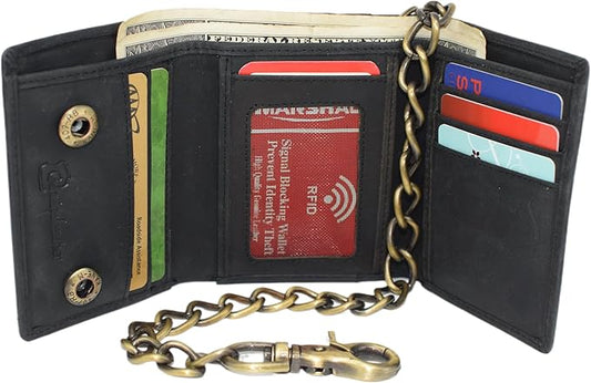 Men's RFID Blocking Trifold Vintage Leather Biker Chain Wallet With Snap Closure
