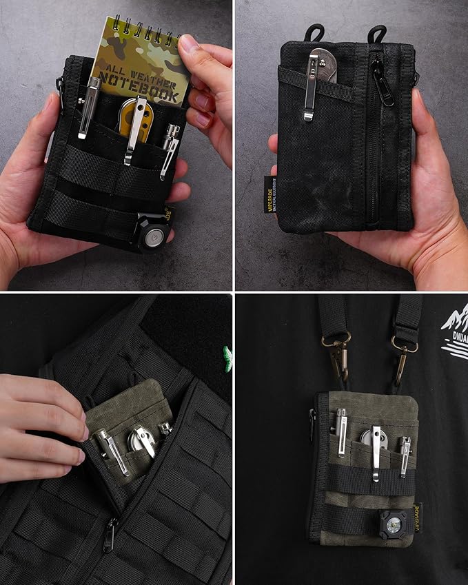 VIPERADE VE16N-OW Waxed Canvas Zipper Wallet, Minimalist with 5 Pockets, 2 Zipper Slim Pocket Multitool Pouch for Everyday Carry (Black)