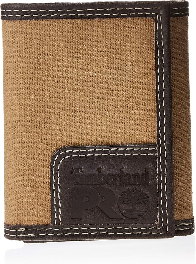 Timberland PRO Men's Canvas Leather RFID Trifold Wallet with Zippered Pockets