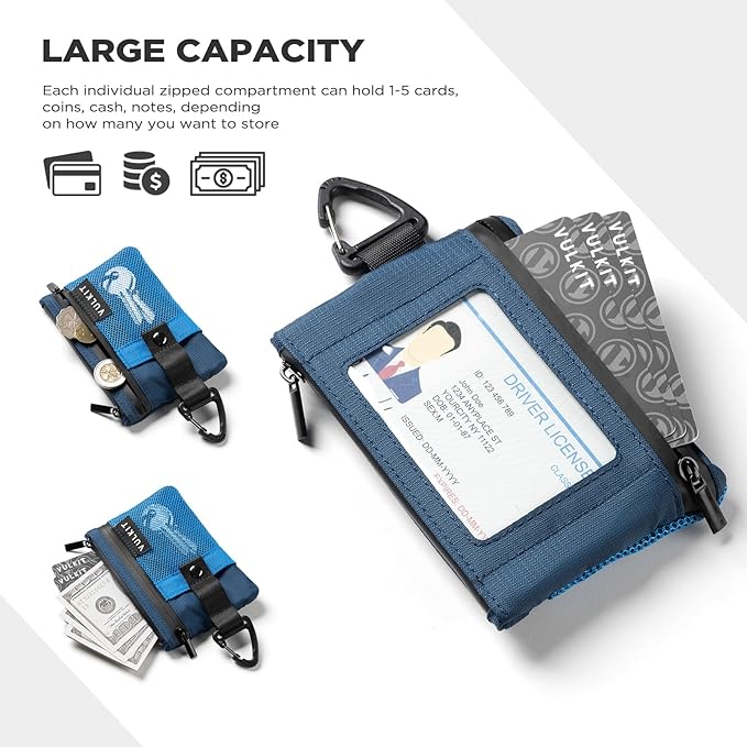 VULKIT Small Minimalist Wallet for Women and Men RFID Blocking, Zipper Coin Pouch with ID Window and Keychain, Water Resistant Travel Lanyard Wallet Blue