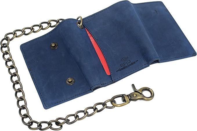 Men's RFID Blocking Trifold Vintage Leather Biker Chain Wallet With Snap Closure