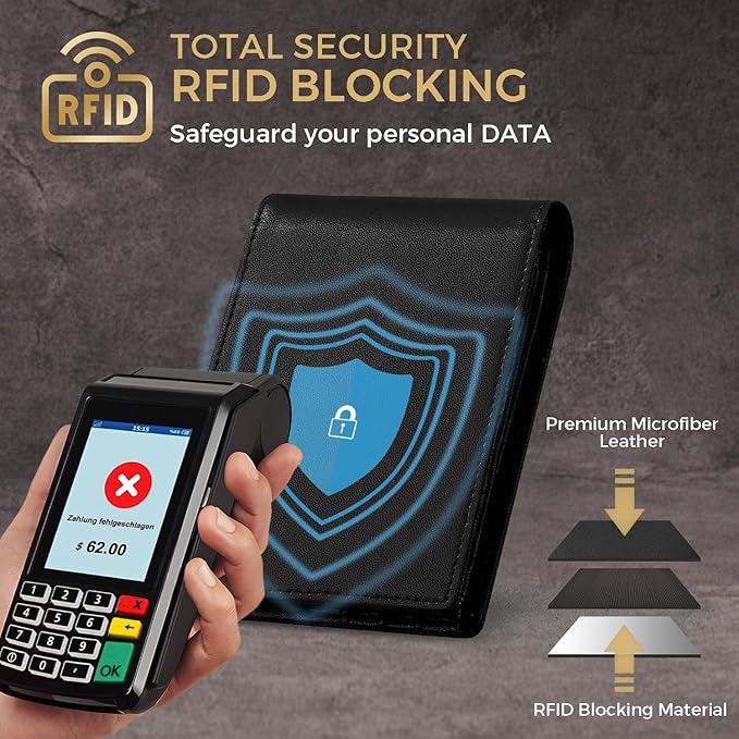 RUNBOX Wallet for Men Bifold RFID Blocking Wallets with 2 ID Window 14 Card Holders 1 cash pocket 1 Gift Box